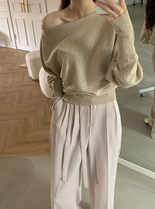 一字領燈籠袖針織top