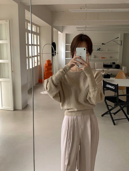 一字領燈籠袖針織top