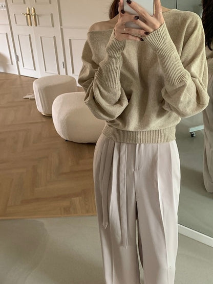 一字領燈籠袖針織top