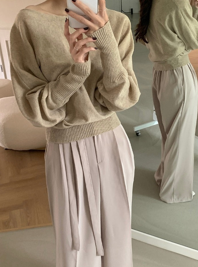 一字領燈籠袖針織top