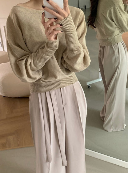 一字領燈籠袖針織top