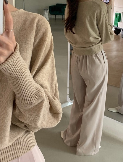 一字領燈籠袖針織top