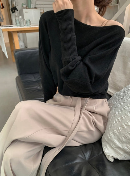 一字領燈籠袖針織top