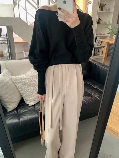 一字領燈籠袖針織top