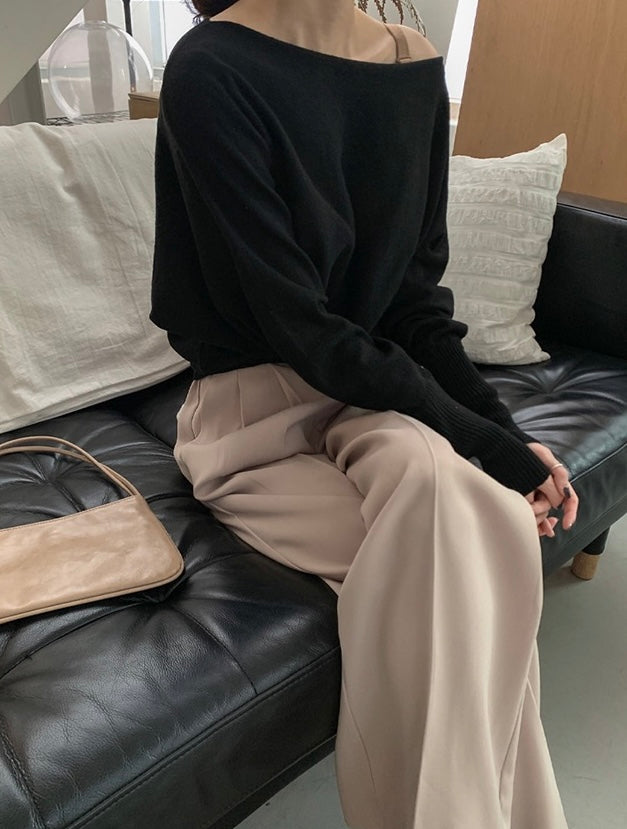 一字領燈籠袖針織top