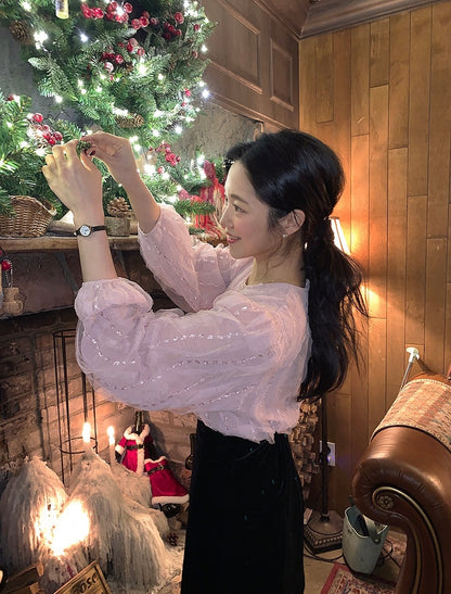 蕾絲花邊泡泡袖恤衫