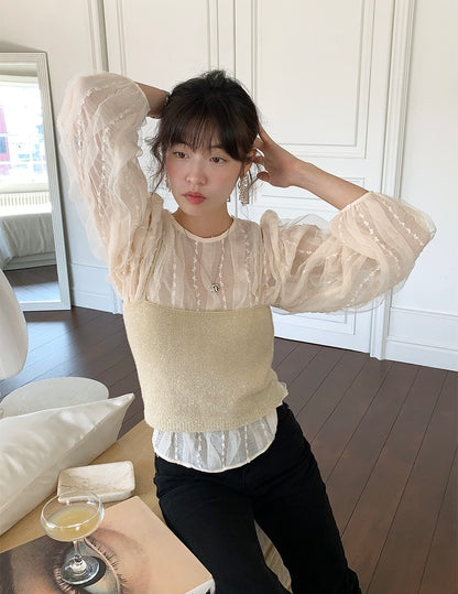 蕾絲花邊泡泡袖恤衫
