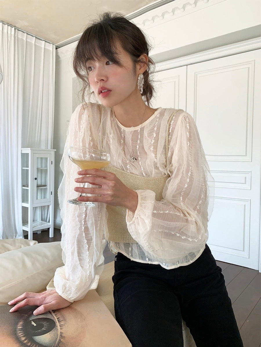 蕾絲花邊泡泡袖恤衫