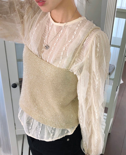 蕾絲花邊泡泡袖恤衫