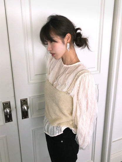 蕾絲花邊泡泡袖恤衫