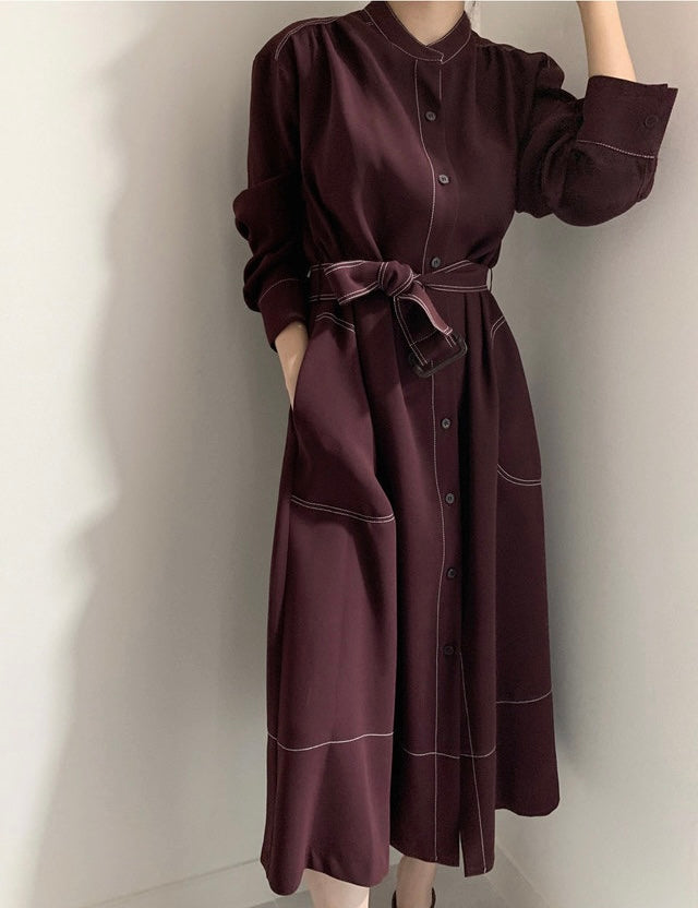 明顯綁帶風衣式連身裙