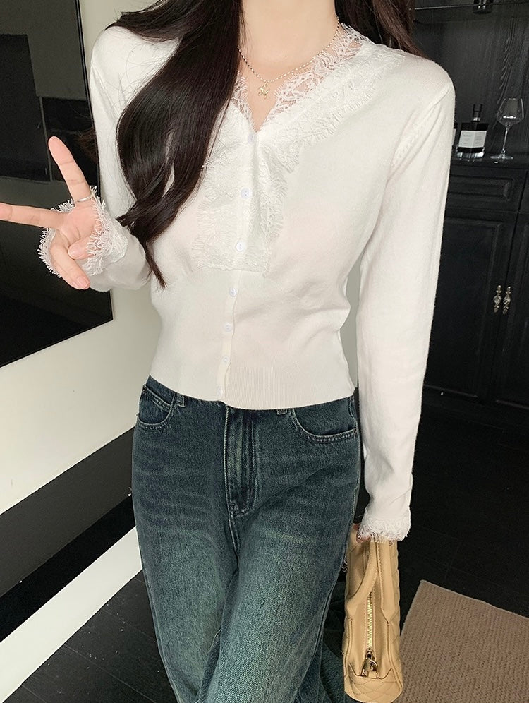 レース切り替えVネックニットトップス