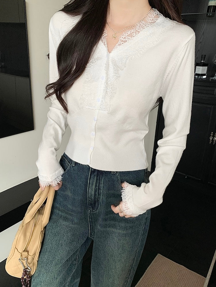 レース切り替えVネックニットトップス