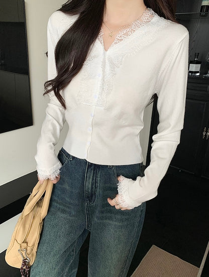 レース切り替えVネックニットトップス