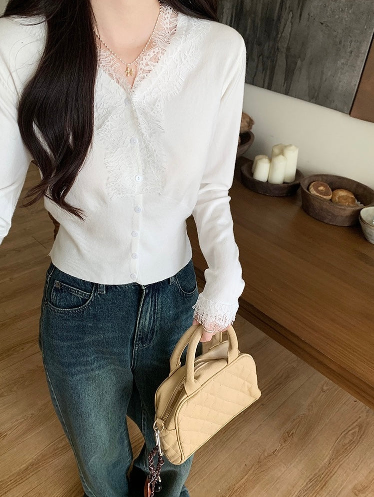 レース切り替えVネックニットトップス