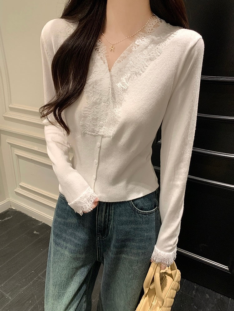 レース切り替えVネックニットトップス