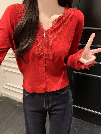 レース切り替えVネックニットトップス