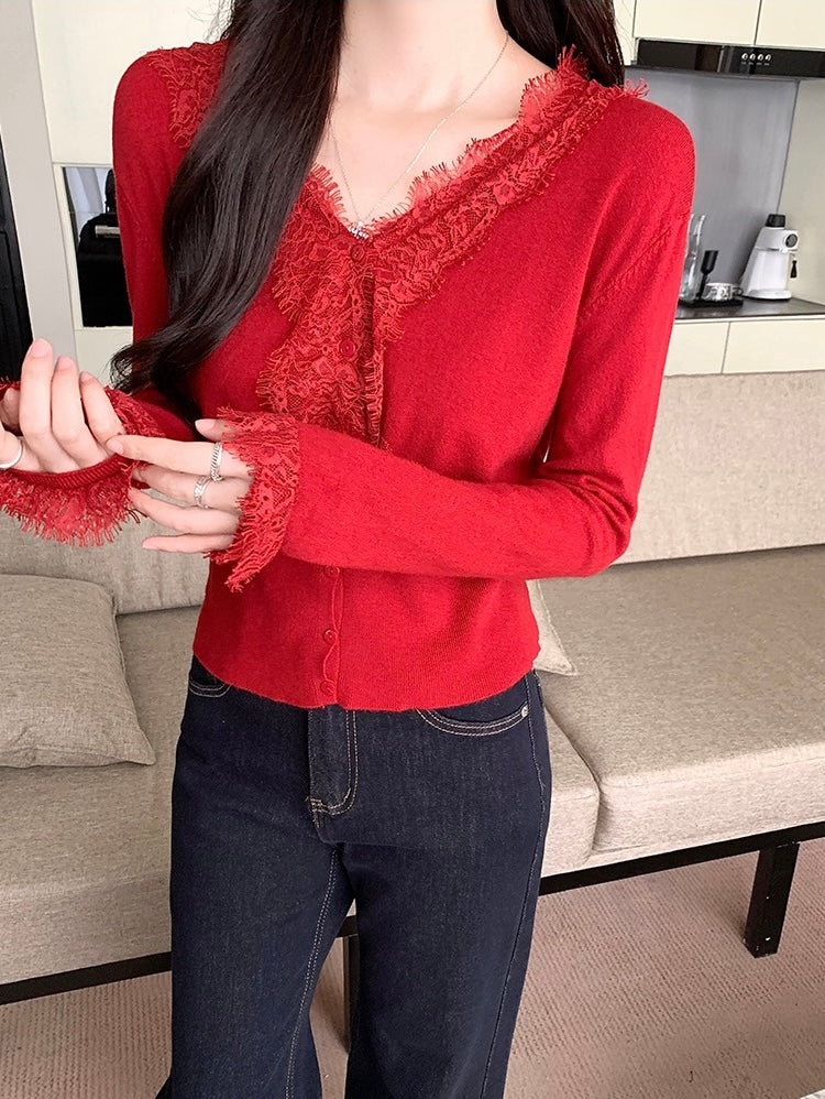 レース切り替えVネックニットトップス