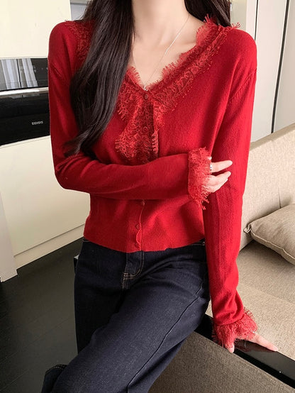レース切り替えVネックニットトップス