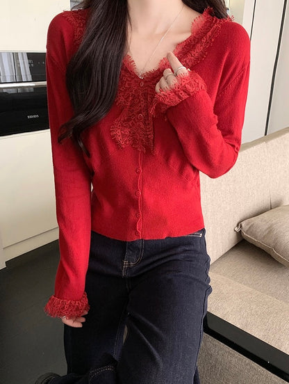 レース切り替えVネックニットトップス