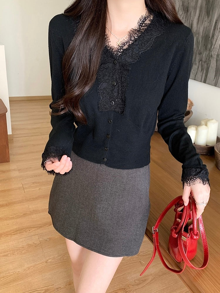 レース切り替えVネックニットトップス