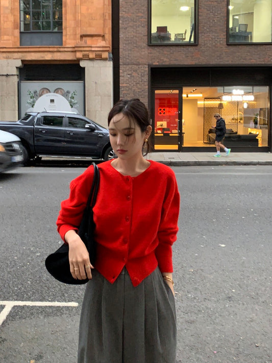 圓領單排扣長袖針織開衫