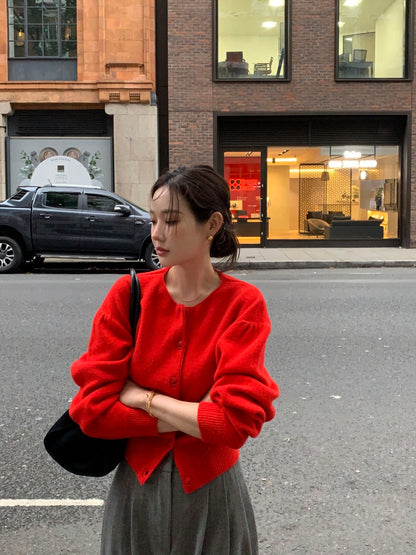 圓領單排扣長袖針織開衫