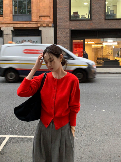 圓領單排扣長袖針織開衫