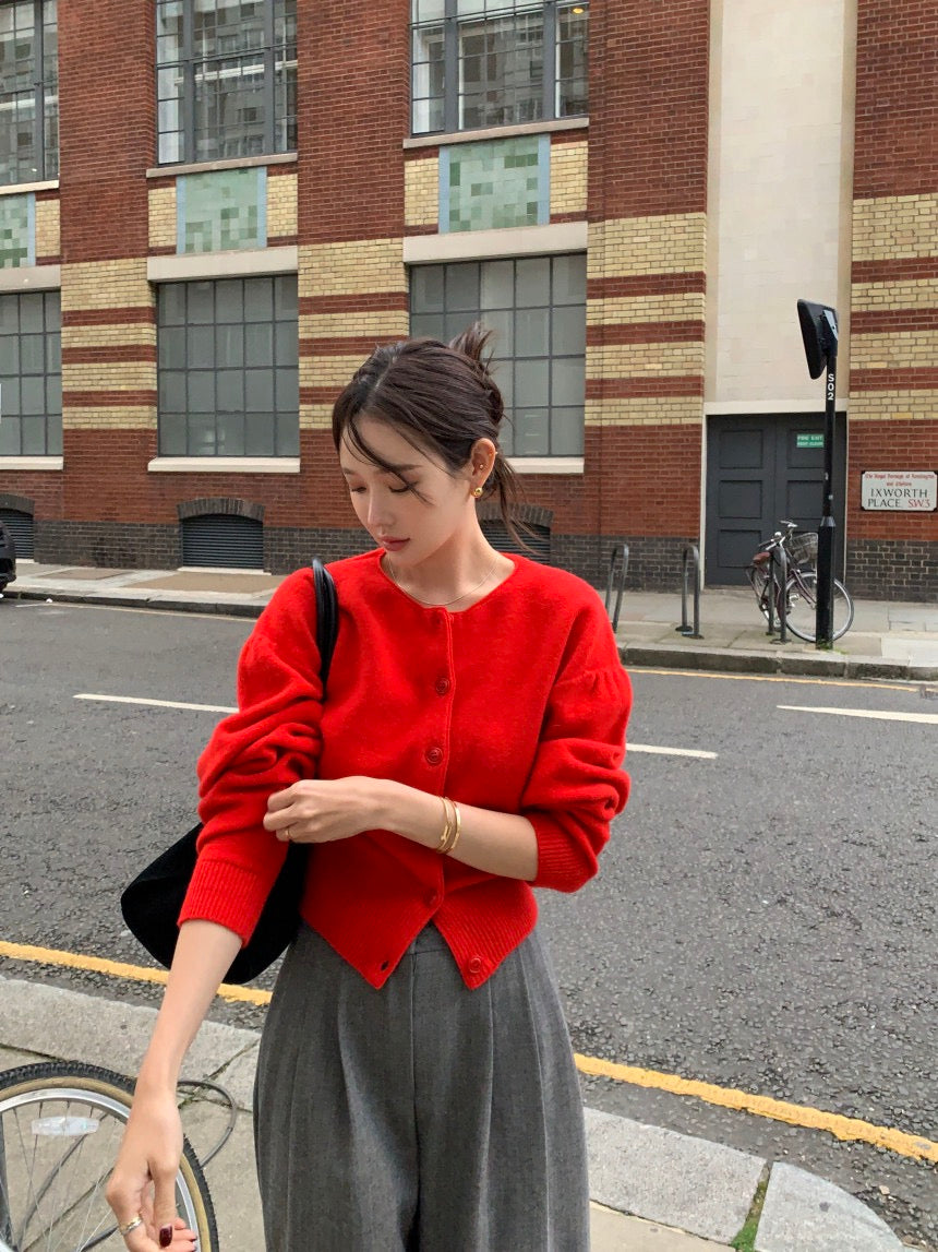 圓領單排扣長袖針織開衫