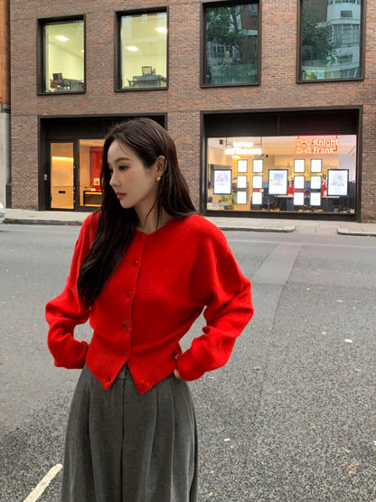 圓領單排扣長袖針織開衫