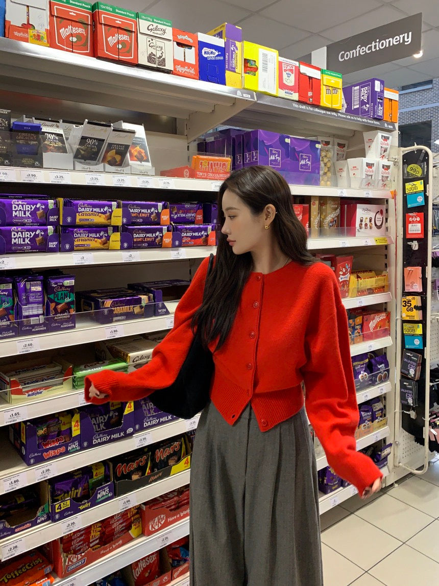 圓領單排扣長袖針織開衫