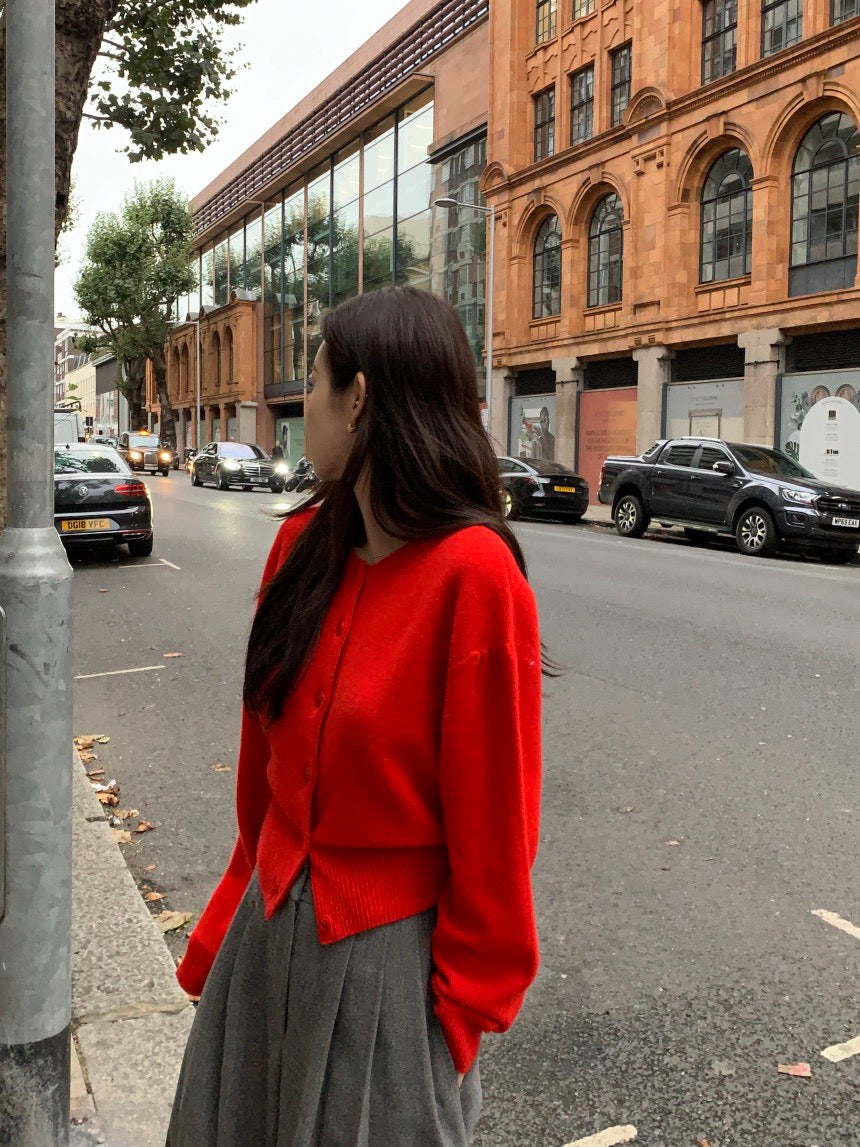 圓領單排扣長袖針織開衫