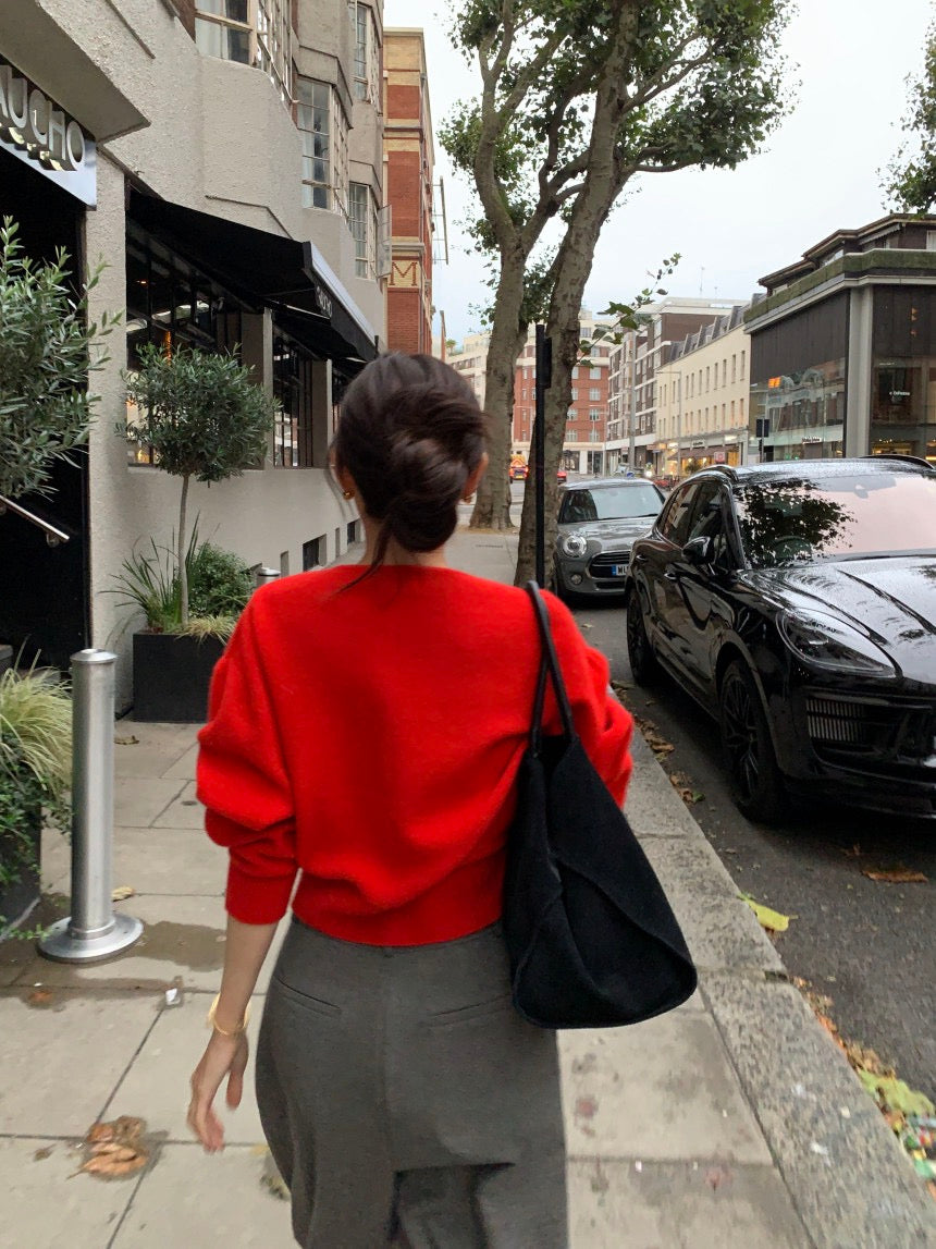 圓領單排扣長袖針織開衫