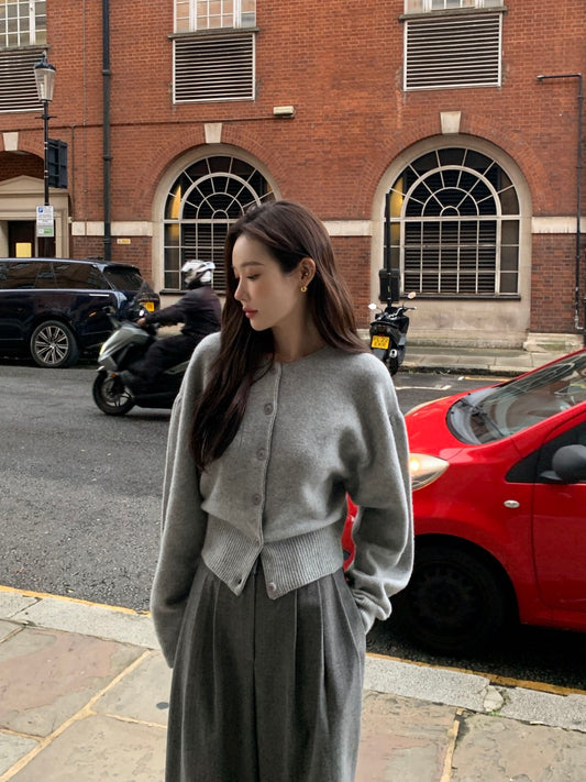 圓領單排扣長袖針織開衫