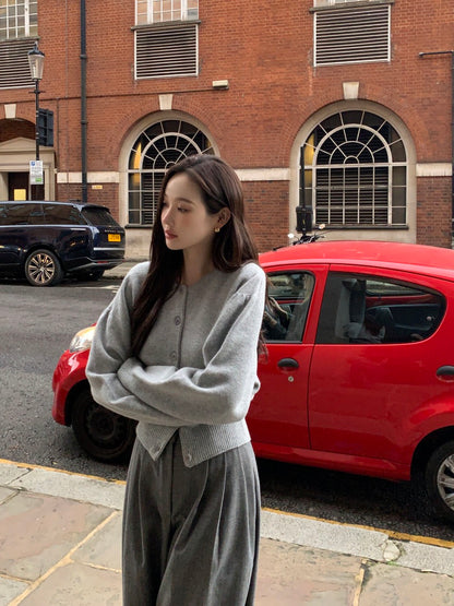 圓領單排扣長袖針織開衫