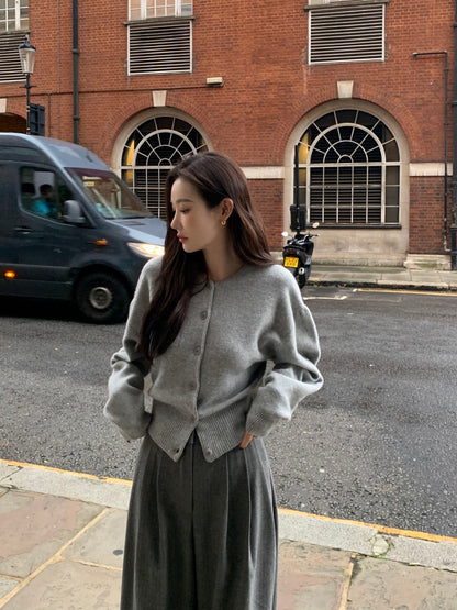 圓領單排扣長袖針織開衫