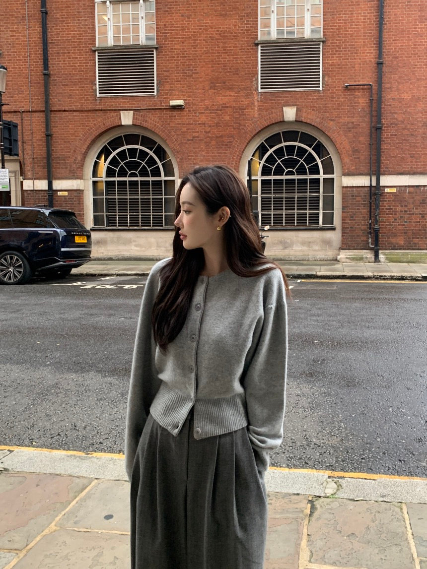 圓領單排扣長袖針織開衫