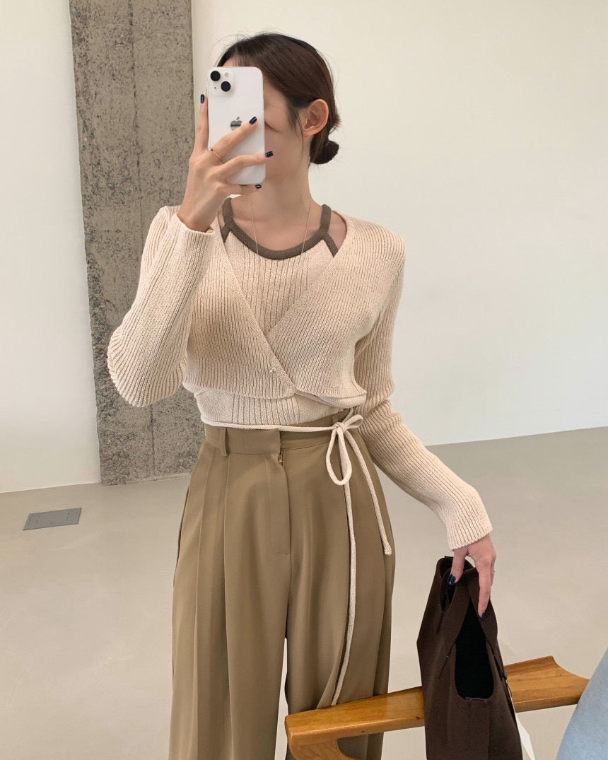 Halter Neck Spliced Layered Tie-Knit Top