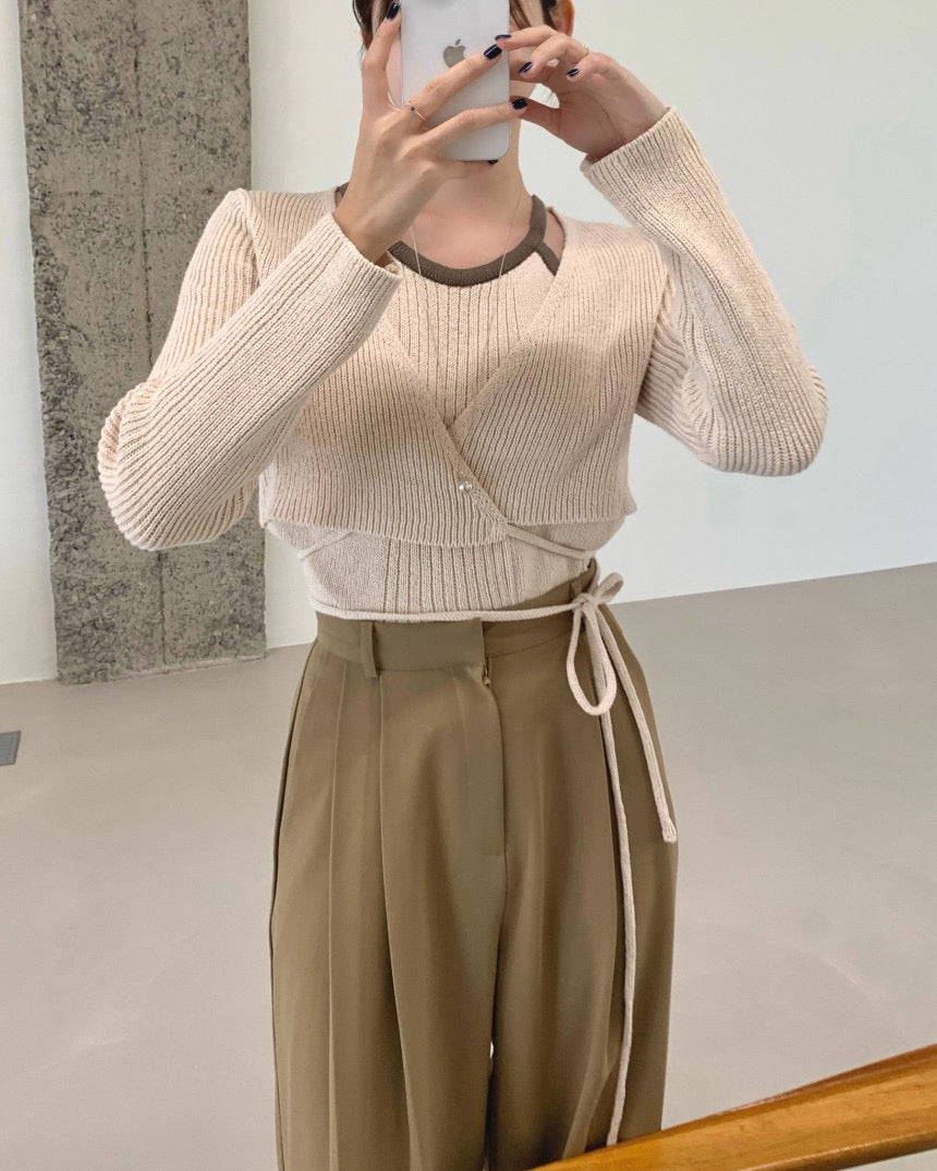 Halter Neck Spliced Layered Tie-Knit Top