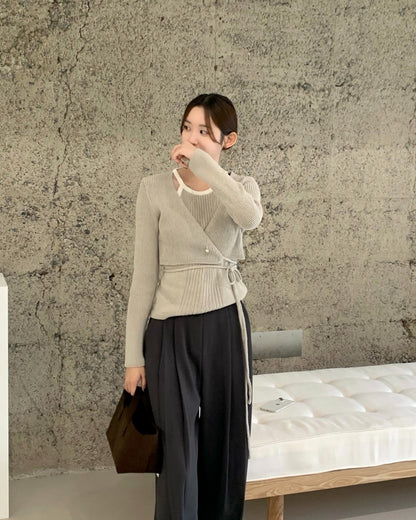 Halter Neck Spliced Layered Tie-Knit Top