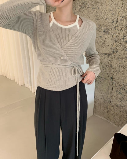 Halter Neck Spliced Layered Tie-Knit Top