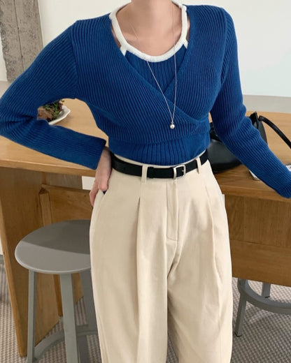 Halter Neck Spliced Layered Tie-Knit Top