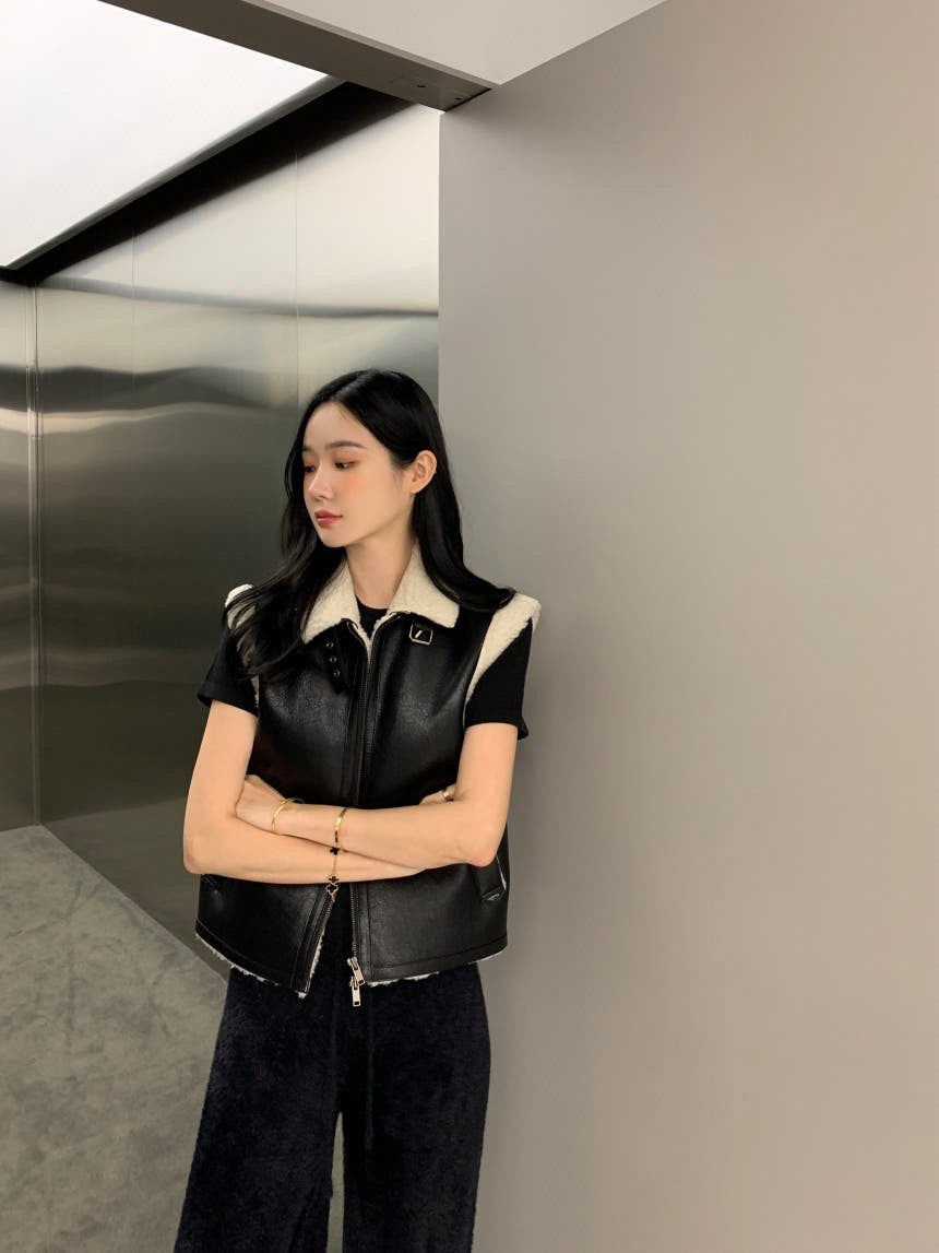 翻領皮毛機車馬甲