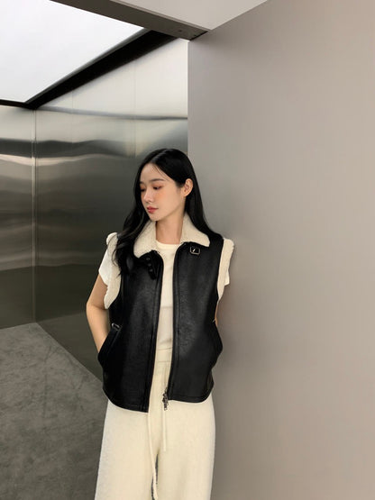 翻領皮毛機車馬甲