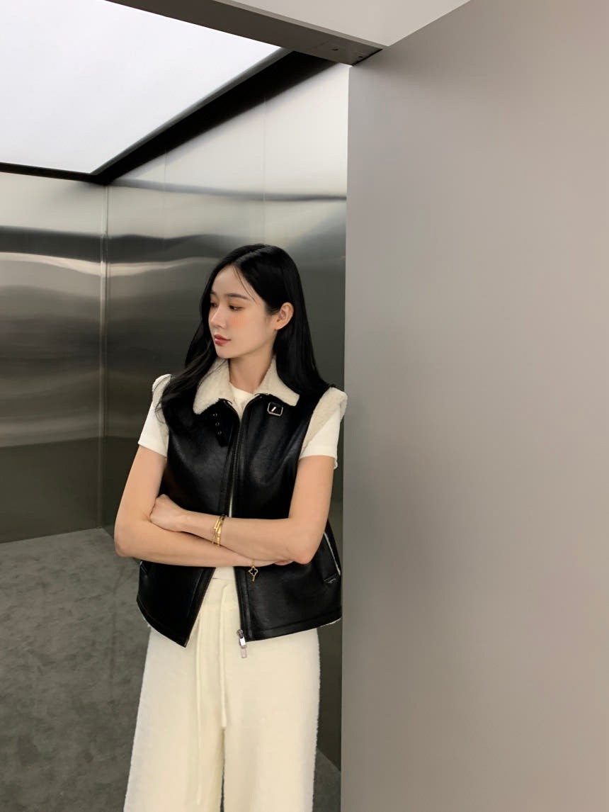 翻領皮毛機車馬甲