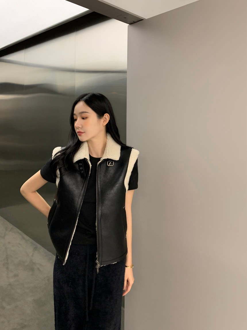 翻領皮毛機車馬甲