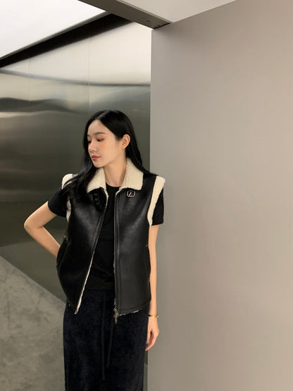 翻領皮毛機車馬甲