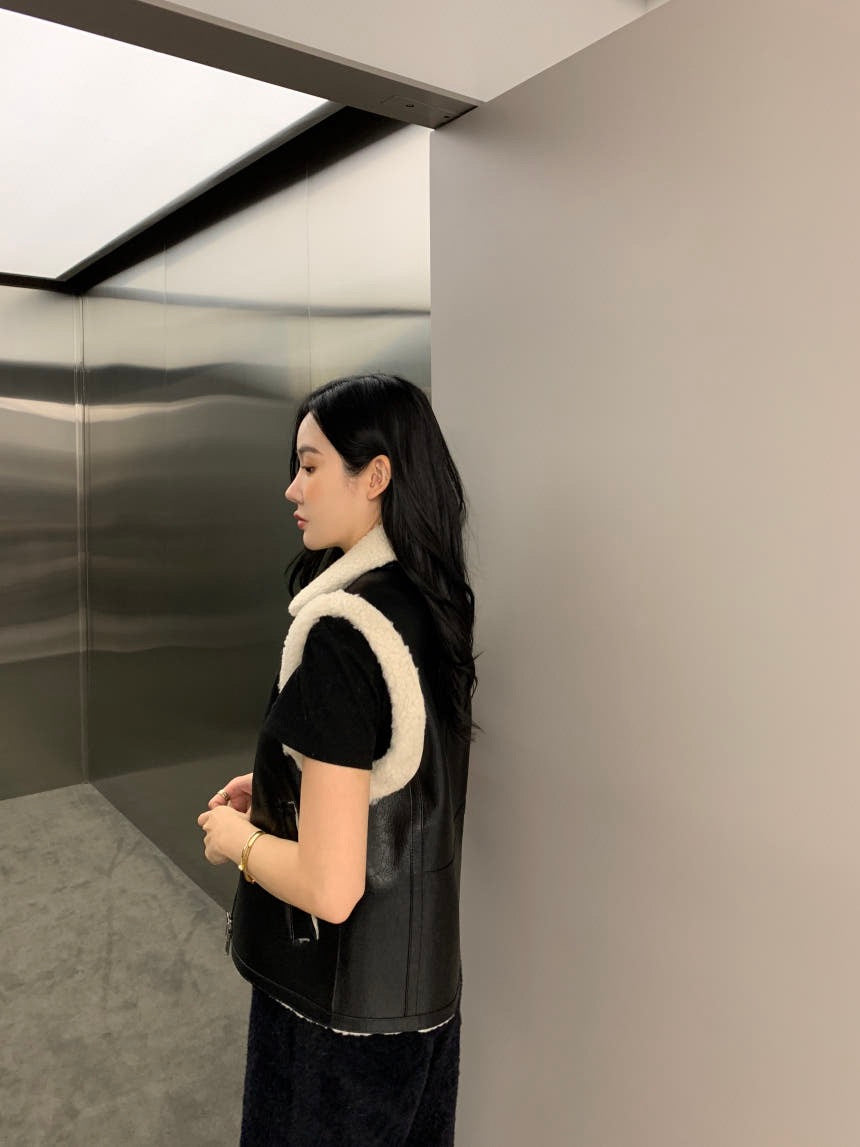 翻領皮毛機車馬甲