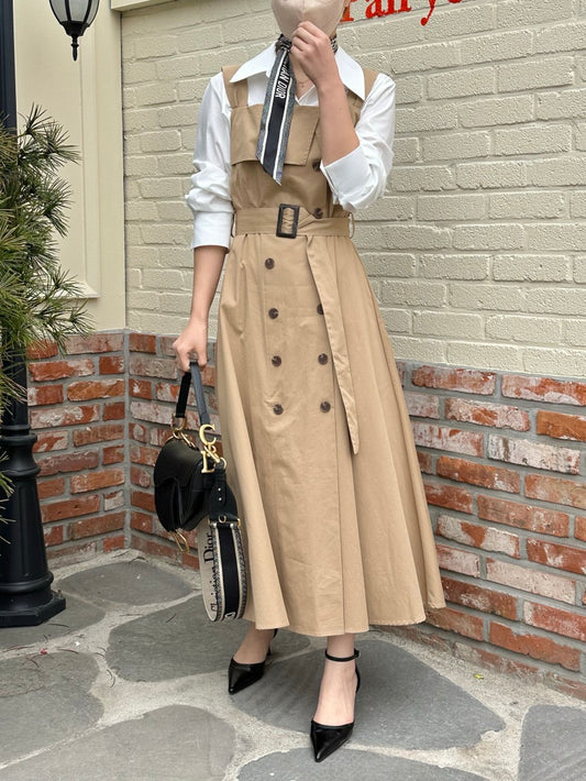 Lace-up Slimming Double-breasted Utility-style Suspender Dress