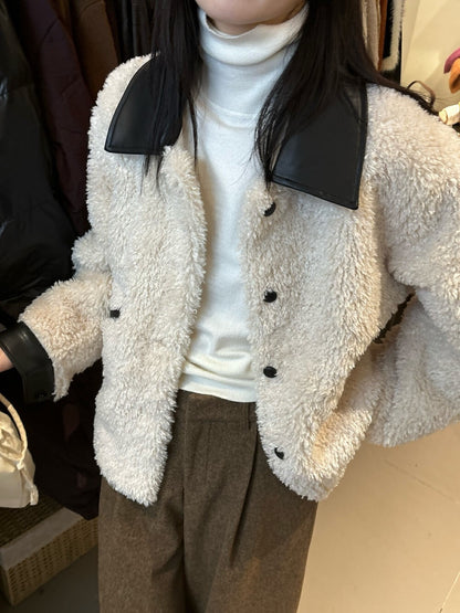 Color-blocked Turn-down Collar Single-breasted Short Jacket